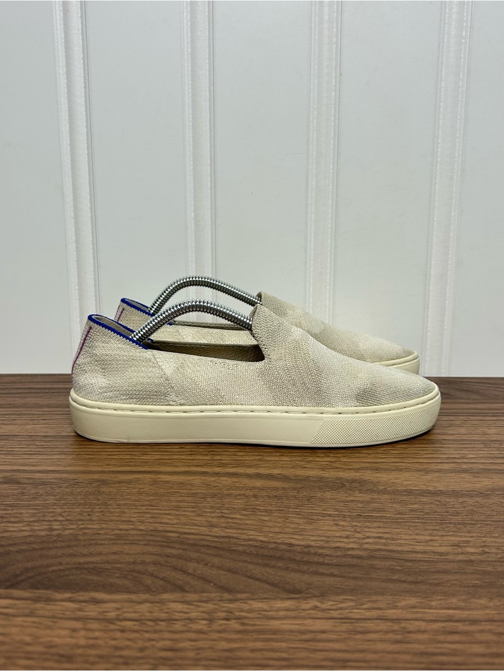 Rothy’s the original slip on sneakers beige cream camo purple accent women’s 9